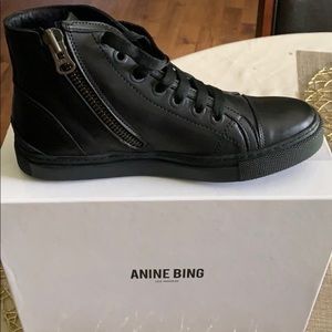 Anine Bing Nico High Top Leather Sneakers in Black